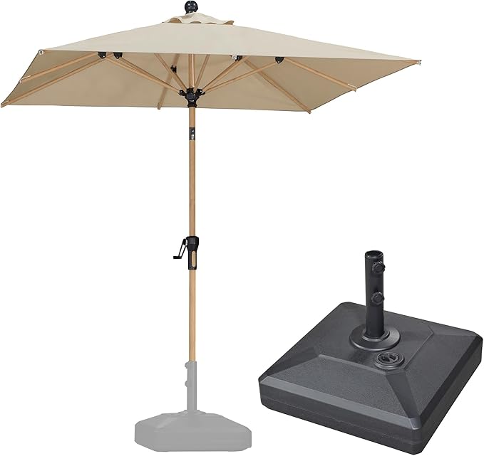 PURPLE LEAF 6.5' x 6.5' Patio Umbrella with Base Square Outdoor Table Umbrella Market Umbrella with Push Button Tilt & Crank and 8 Ribs Aluminum Outdoor Umbrella for Pool Backyard Beach, Beige