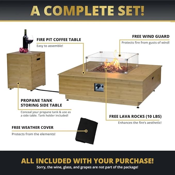 43-Inch Outdoor Propane Square Fire Pit Table, Super Stable Wood Frame 50,000 BTU CSA Certified Smokeless Firepit Table, Includes Side Table Weatherproof Cover Lava Rock for Families, Deck, Backyard
