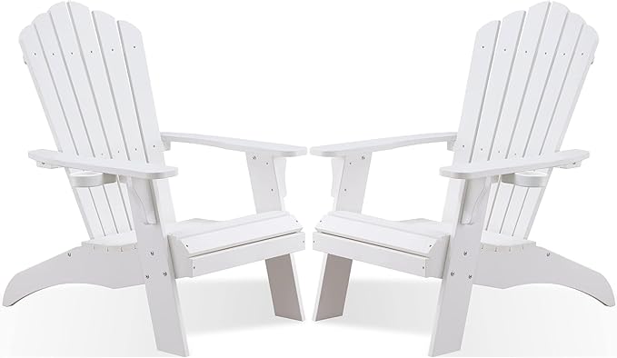 Psilvam Adirondack Chair, Oversized Poly Lumber Fire Pit Chair with Cup Holder, 350Lbs Support Patio Chairs for Garden, Weather Resistant Outdoors Seating, Relaxing Gift for Father & Mother (2,White)