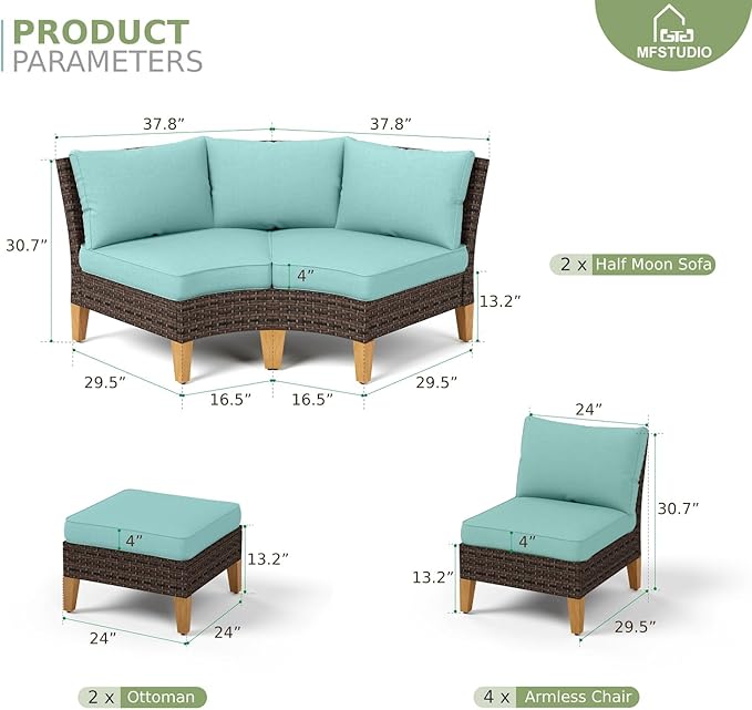 MFSTUDIO 10 Pieces Extra Large Wicker Patio Furniture Set, Rattan Outdoor Half-Moon Sectional Sofa Patio Conversation Sets for Garden, 4 x Curved Sofa, 4 x Armless Couch, 2 x Ottoman(Aqua Blue)