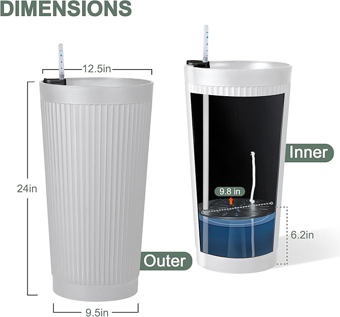 24” Outdoor Tall Planters Set of 2, Self Watering Large Planter Pots for Indoor Plants, Plastic Outdoor Flower Pots with Drainage Hole for Front Porch, Patio (White Ribbed)