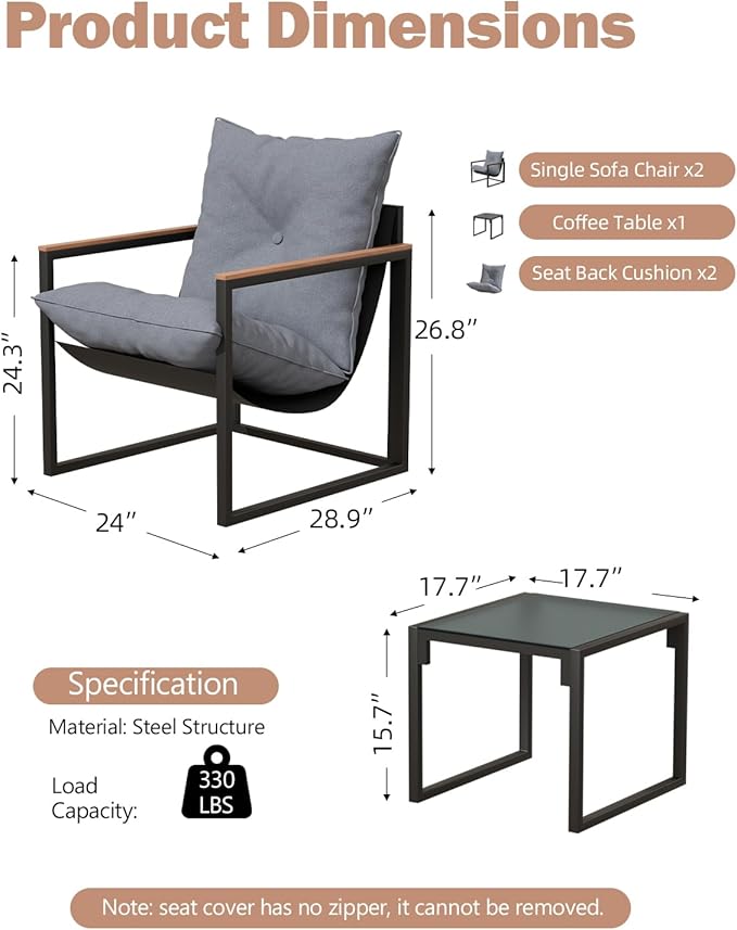 Patio Furniture Set, Outdoor Couch with Glass Coffee Table&Thick Cushion, Wicker Chaise Longue Sofa Set, All-Weather PE Rattan Conversation Set for Garden, Deck, Poolside(3pcs Gray)