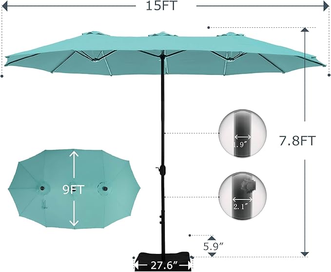 GREEN PARTY 15 ft Rectangle Patio Umbrella with Base Included, Double-Sided Table Umbrella with Crank, Large Outdoor Umbrellas for Patio Poolside Garden Backyard, Turquoise