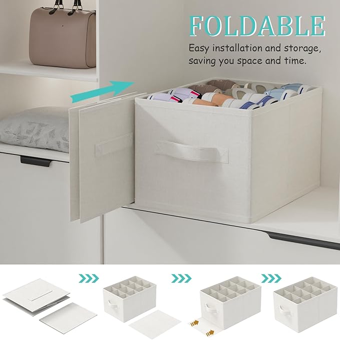 2 Pack Shoe Storage Bins, Fits Up to 24 Pairs, Foldable Space-saving Closet Organizers System, Clothes Basket with Reinforced Handles, 16.5 x 12.6 x 10.2 In, White & Ivory, XSNX02W-2