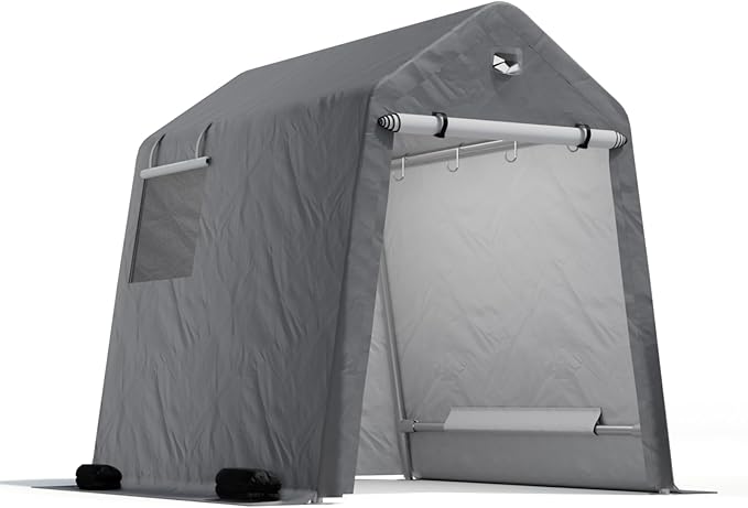 6x8 FT Outdoor Storage Shed, Portable Outdoor Storage Shelter with Roll Up Zipper Door and Vent Windows, Silver Grey