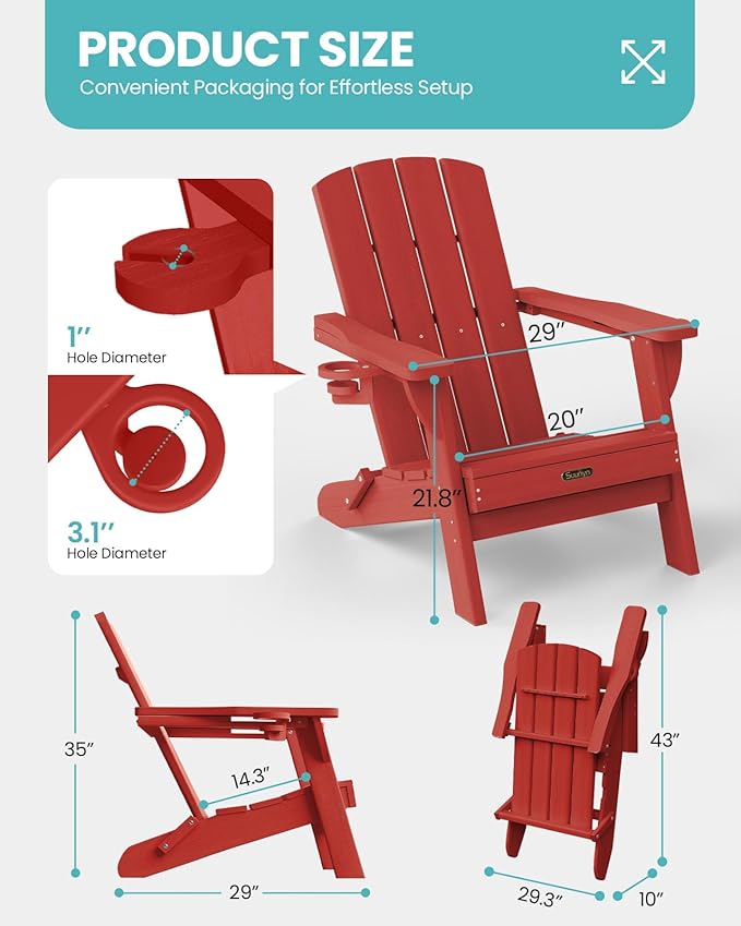 Folding Adirondack Chair, HDPE All-Weather Fire Pit Chairs, Plastic Adirondack Chairs with 2 Cup Holder, Outdoor Lawn Chair for Patio Garden (Red)