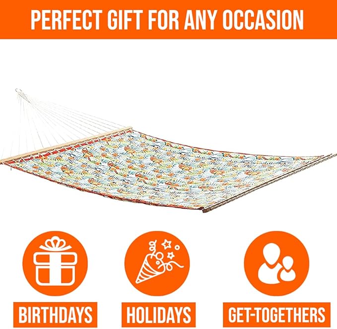 Castaway Living Large Floral Print Quilted Polyester Hammock – 12 ft. x 55 in., 350 lb Capacity, Free Extension Chains & Tree Hooks – Perfect for Garden, Patio & Outdoor Lounging