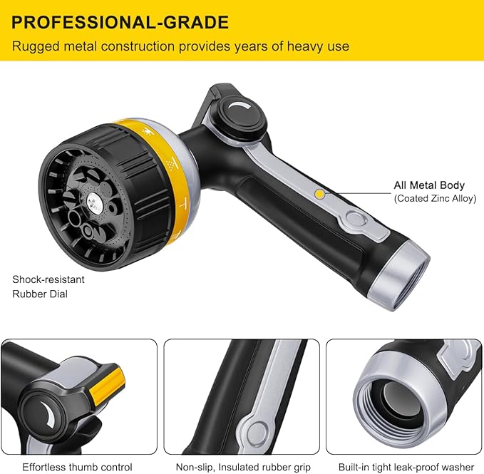 FANHAO Heavy Duty Garden Hose Nozzle, Metal Water Hose Sprayer with 10 Spray Patterns, Thumb Control, On Off Valve, High Pressure Water Nozzle for Plants Watering, Car and Pet Washing, Yellow
