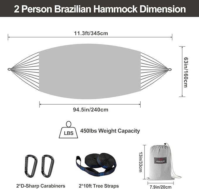 CHULIM Brazilian Double Hammock with Tree Straps,Extra Large 94x63IN,2 Persons Hammock for Backyard Patio Outdoor and Indoor,450lbs Weight Capacity,Soft Woven Cotton Fabric - Light Grey