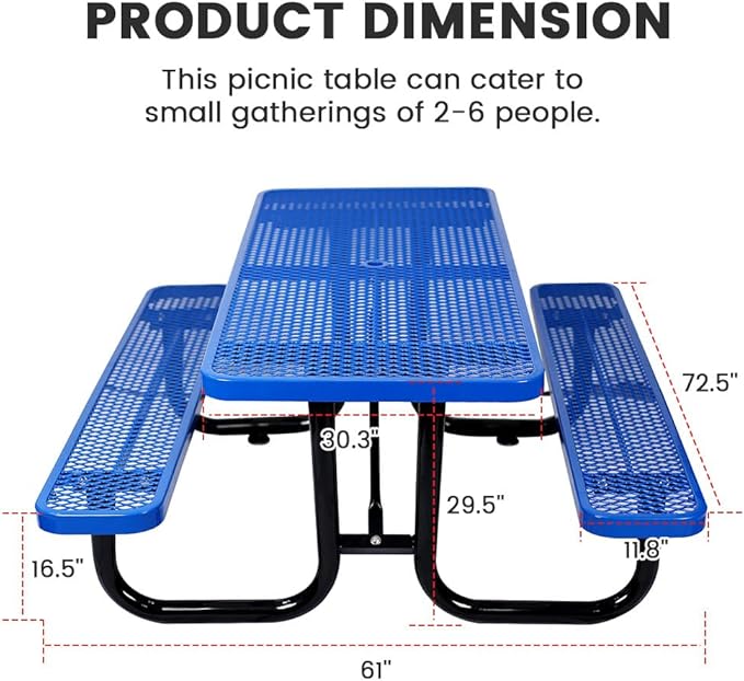KUFUH 72" Rectangular Metal Picnic Table for 4-8 Person, Durable Heavy Duty Commercial Picnic Table with Umbrella Hole for Outdoor Coffee Shop, School, Hospital, Easy to Install, Blue