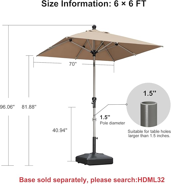 PURPLE LEAF 6' x 6' Square Patio Umbrella with Tilt Adjustment, Outdoor Table Umbrella Champagne Aluminum Frame, Market Umbrella Pool Umbrella for Deck Garden, Patio, or Poolside