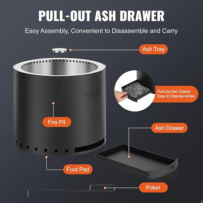 VEVOR 28 inch Smokeless Fire Pit Stove Bonfire, Wood Burning Fireplaces with Removable Ash Pan, SUS430 Stainless Steel Inner Portable Outdoor Firepit,for Outdoor Patio Camping High 17 inch