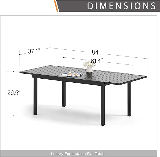 Expandable Outdoor Patio Dining Table for 8, Adjustable 61"/83" x 37" Rectangular Large 6-8 Person Metal Outdoor Table, Rectangle Metal Wrought Iron Extendable Table for Backyard and Porch