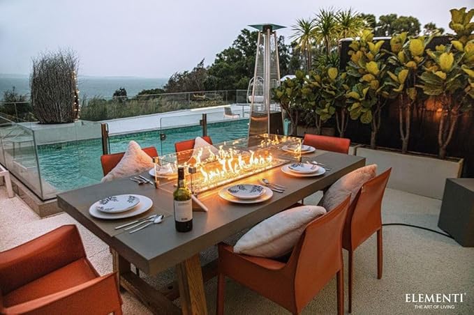 Elementi | Bundle Sonoma Gas Fire Pit Cast Concrete Rectangular Dining Fire Table, Outdoor Fire Pit Electronic Ignition | Canvas Cover, Lava Rock Included | Natural Gas