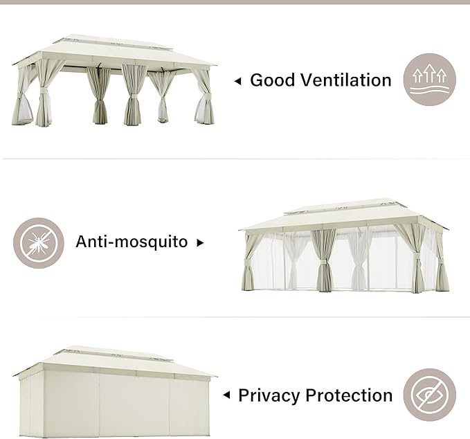 LAUSAINT HOME Gazebo 10x20ft, Heavy Duty Patio Gazebo with Expansion Bolts, Party Canopy Tent with Double Roofs, Mosquito Nettings and Privacy Screens for Backyard, Garden, Lawn, Cream White