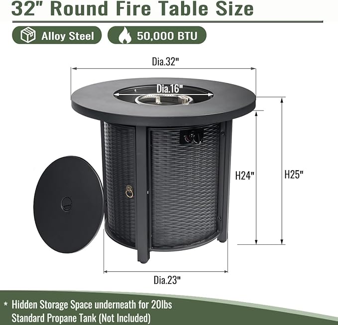 32" Propane Gas Fire Pit Table, 50000 BTU Round Steel Fire Pit Steel Lid & Lava Rock for Outside Patio Deck Garden Courtyard-Black