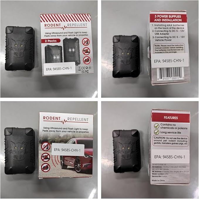 4 Pack Rodent Repellent for Car Engine, Under Hood Rodent Repeller Ultrasonic Battery Operated Mouse Deterrent with Flashing Lights,Rat Repellent for Car,Keep Mice Out of Garage Outdoors Indoors