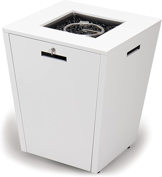 LeisureMod Chelsea 32" Modern Gas Fire Pit Table – 37,000 BTU CSA Certified Propane Steel Outdoor Table with Tempered Glass Wind Guard and Lid for Patio (White)
