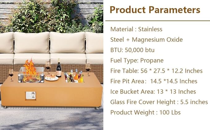 56" Outdoor Propane Fire Pit Table, 50000BTU Fire Table with Wind Guard, 11LBs Glass Beads & Rain Cover, Patio Heater with Anti-Rust Coating, Stainless Steel Gas Fire Pits for Outside Patio, Yellow
