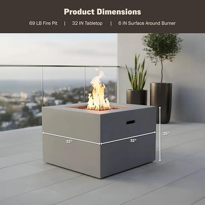 32" Smokeless Outdoor Alloy Steel Fire Pit Table w/Lid, All in One Propane Fire Table, Square Patio Firepit Table 50,000 BTUs, Lava Rocks, Weatherproof Cover, CSA Certified, for Outside Patio