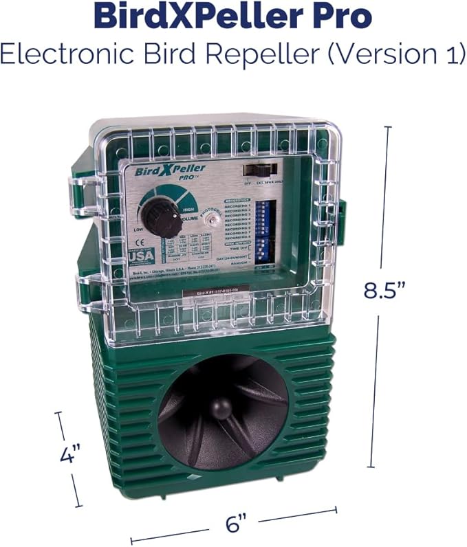 Bird-X BirdXPeller Pro Electronic Version 1, Sonic Bird Decoy Device, Perfect for Pigeons, Starlings, Sparrows, and Gulls, Covers up to 1 Acre, 3-5 kHz Frequency (Pack of 8)
