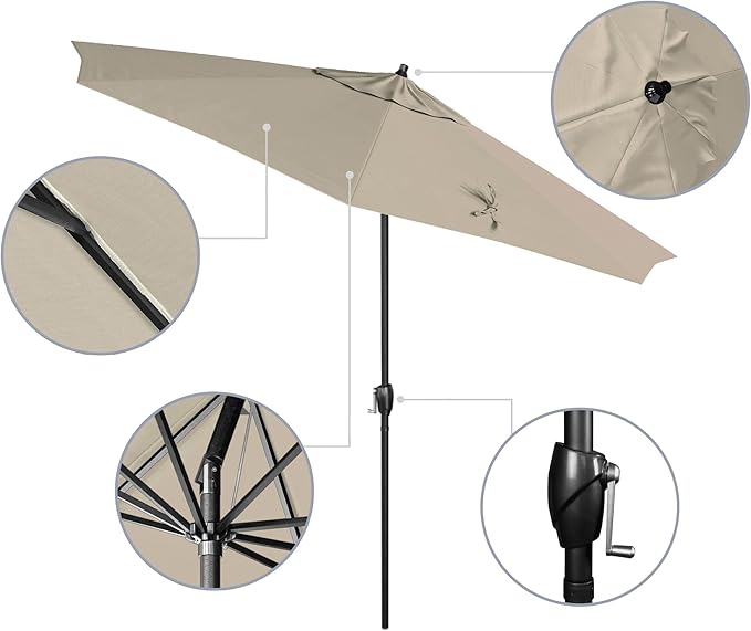 California Umbrella 9' Rd Aluminum Patio Umbrella, Crank Lift, Auto Tilt, Black Finish, Sunbrella Canvas