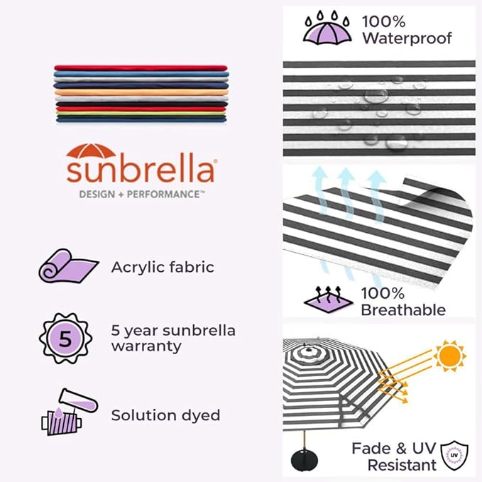Midtown Umbrellas Push Pop Sunbrella Umbrella 9 Feet Outdoor Umbrella in Black & White Fabric - Patio Umbrella, Backyard Umbrella, Garden Umbrella, Picnic Table Umbrella & Pool Umbrella - Black Pole