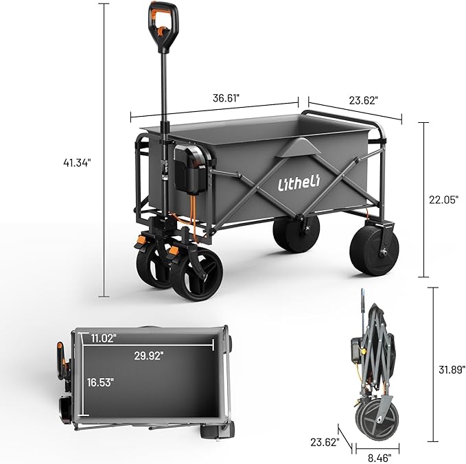 Litheli Electric Collapsible Wagon Cart with Brakes,100L Grocery Cart with Wheels,Easy to Carry Folding Wagon and Fast Charger for Camping, Gardening, Shopping