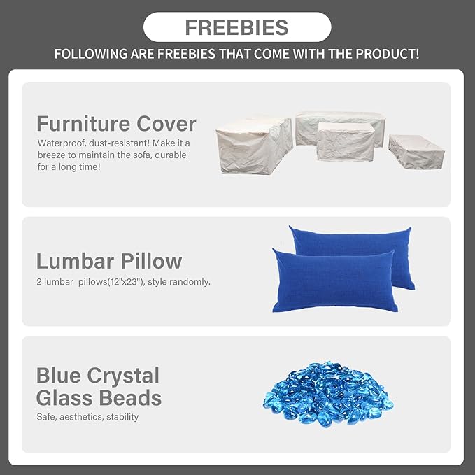 Rattaner Outdoor Patio Furniture 60000 BTU Outdoor Propane Fire Pit Table Patio Furniture Set 45" Outdoor Fire Pits 6 Pieces Patio Sofa Outdoor Chairs Anti-Slip Cushions Waterproof Covers, Royal Blue