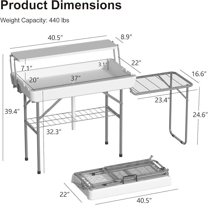 Two Tier Ice Cooler Table with Led Light, 4 Foot Outdoor Ice Table with Foldable Extension Stand, Matching Skirt & Drain Hose, Folding Cooler Server with Metal Shelf for Party, BBQ, Camping