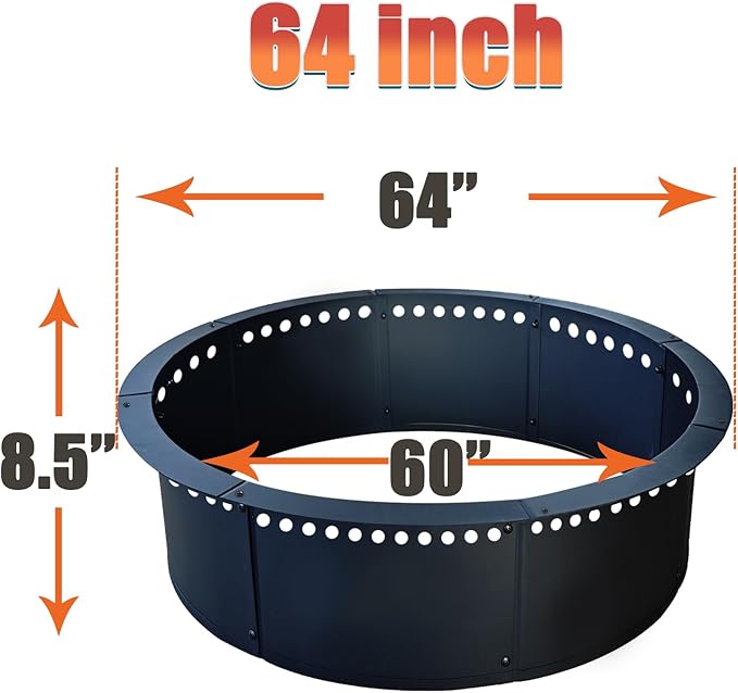 SoulMate Outdoor 64-Inch Outer/60-Inch Inner Fire Pit Ring Smokeless,Duty Solid Metal Steel Round Firepit Rim Insert for DIY Fire Pits, Outdoor Above or In-Ground, Camping Garden Patio Backyard.