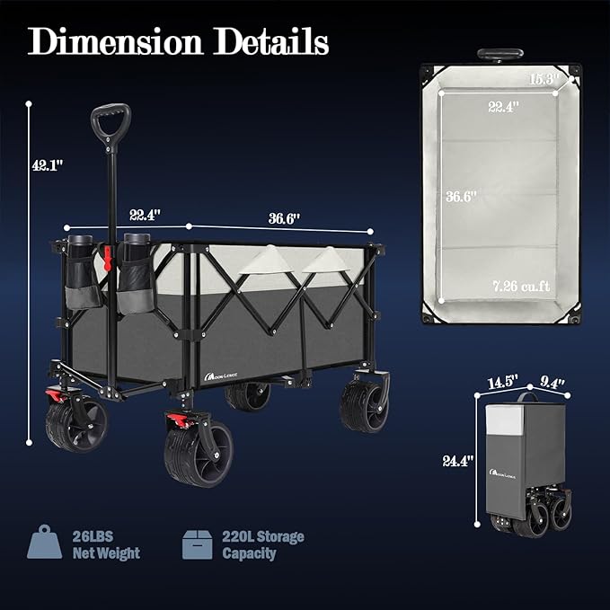 MOON LENCE Collapsible Foldable Wagon Cart, 220L Large Weight Capacity Folding Utility Wagon with All-Terrain Big Wheels, Utility Cart Wagon for Garden, Grocery, Shopping, Camping, Beach, Picnics