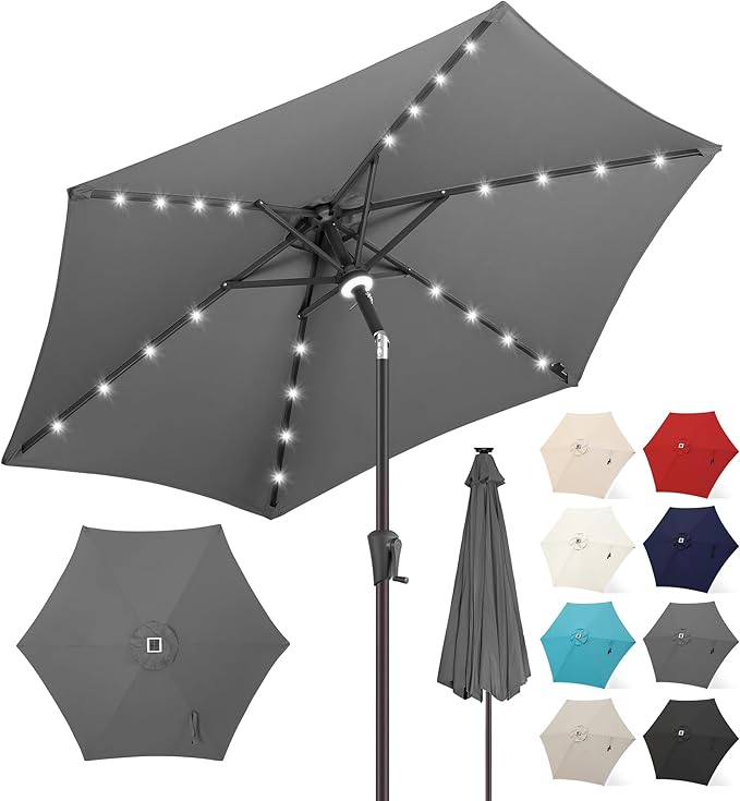 FLAME&SHADE 7.5 ft Solar Powered Outdoor Market Patio Table Umbrella with LED Lights and Tilt, Anthracite
