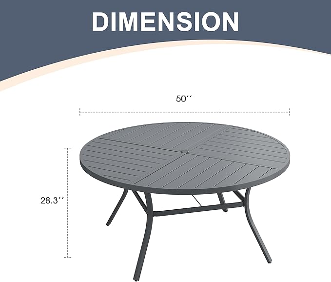 VICLLAX Round Patio Dining Table, 6 Person Metal Outdoor Dining Table with Umbrella Hole and Storage Shelf for Garden Lawn Deck, 50" Dark Grey