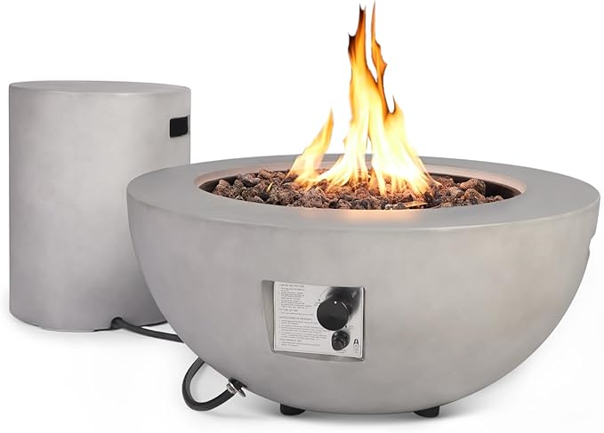 2-Piece Outdoor Propane Fire Pit Table Set w/Tank Cover Table, 31.5-inch 50,000 BTU CSA Certification Bowl Concrete Firepit SUS201 Round Burner with Steel Lid, Lava Rocks, Rain Cover…