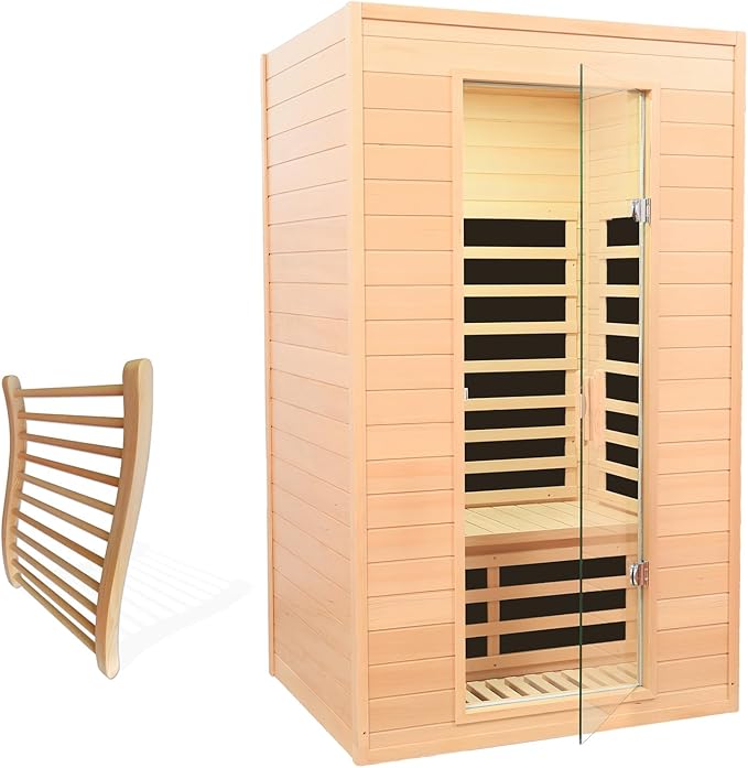 2 Person Infrared Sauna with Wood Backrest, 1500Watt Low EMF Far Infrared Sauna for Home Spa, Hemlock Indoor Personal Sauna with Blue-Tooth Speaker, 2 Reading Lights,1500W/120V/15A