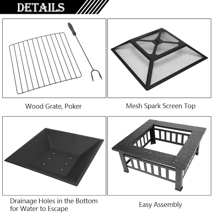 VINGLI 32in Wood Fire Pit with Mesh Lid and Fire Poker, Portable Outdoor Fireplace Burning FirePit for Chrismas Backyard Patio Outside Picnic BBQ Party