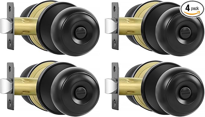 RAZCC Privacy Door Knobs, 4 Pack Matte Black Door Knobs with Lock, Bed and Bath Door Knob Interior Keyless Locksets, Round Door Handles Reversible for Left Right Handed Doors