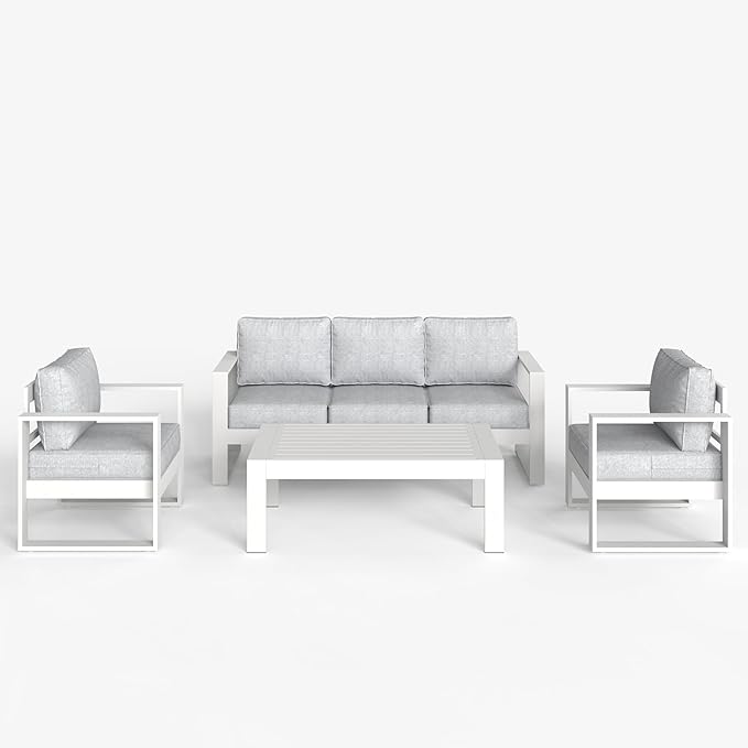 LayinSun 4 Pieces Aluminum Outdoor Patio Furniture Set, Metal Modern Conversation Sofa Set with Coffee Table and Washable Thick Cushions for Porch, Backyard, Deck