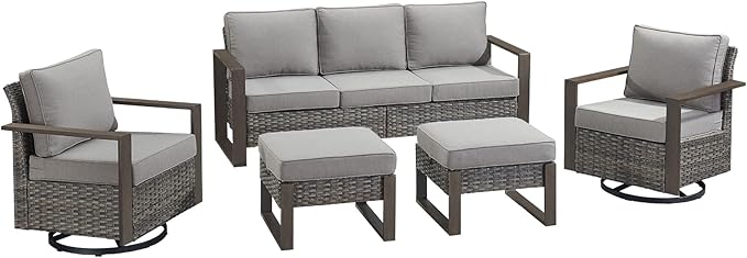 Rilyson Outdoor Wicker Patio Furniture Set - 5 Piece Patio Conversation Set with 2 Wicker Swivel Rocker Chairs,2 Rattan Ottoman and 1 Couch,Thick Cushions,Deep Seating,Wide Armrest(Mixed Grey/Grey)