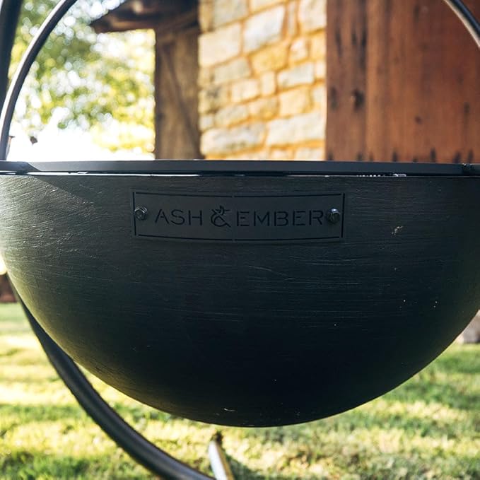 Ash & Ember 42" Cast Iron Cauldron Fire Pit Bowl, Double Hinged Grill Grate with Easy-Lift Handles, Handing Chain and Cauldron Stand, Round Wood Burning Patio Fire Bowl for Backyard Entertainment
