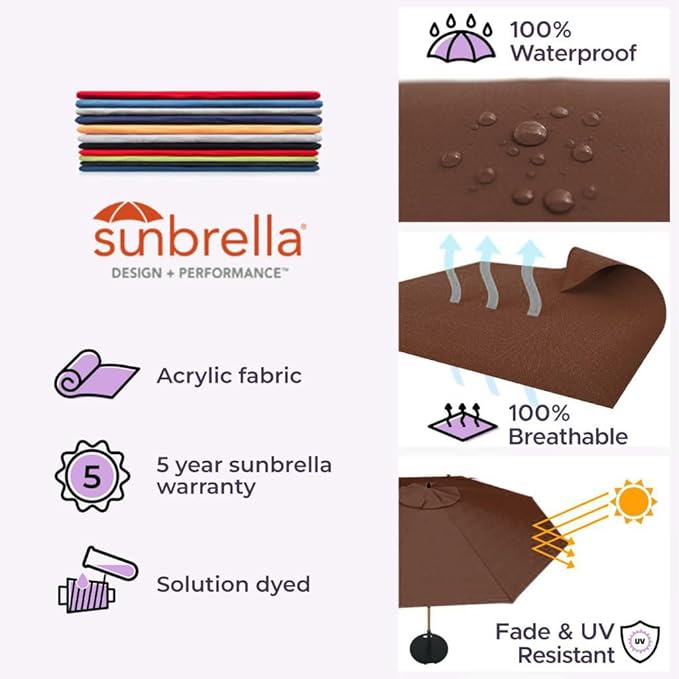 Midtown Umbrellas Push Pop Sunbrella Umbrella 9 Feet Outdoor Umbrella in Bay Brown Fabric - Patio Umbrella, Backyard Umbrella, Garden Umbrella, Picnic Table Umbrella & Pool Umbrella - Black Pole