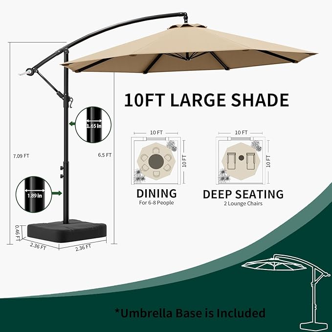 OLILAWN 10ft Patio Umbrella with Base Included, Christmas Outdoor Offset Cantilever Umbrella Upgraded Yarn-dyed Fabric Shade, Sturdy 8 Rids, Easy Tilt Adjustment, for Pool Deck Porch Backyard Garden,Beige