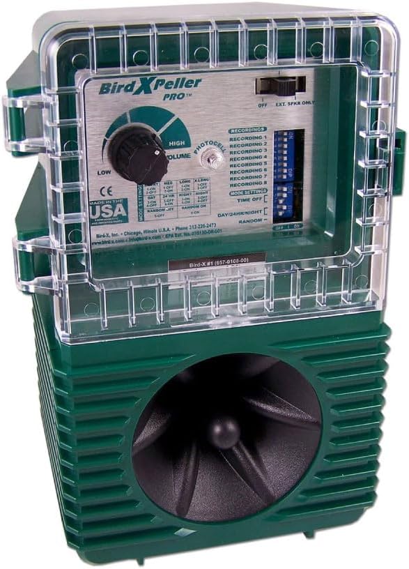 Bird-X BirdXPeller Pro Electronic Bird Preventer Version 2, Sonic Decoy Device, Perfect for Crows, Blackbirds, Grackles, Cormorants, and Ravens, Covers up to 1 Acre, 3-5 kHz Frequency