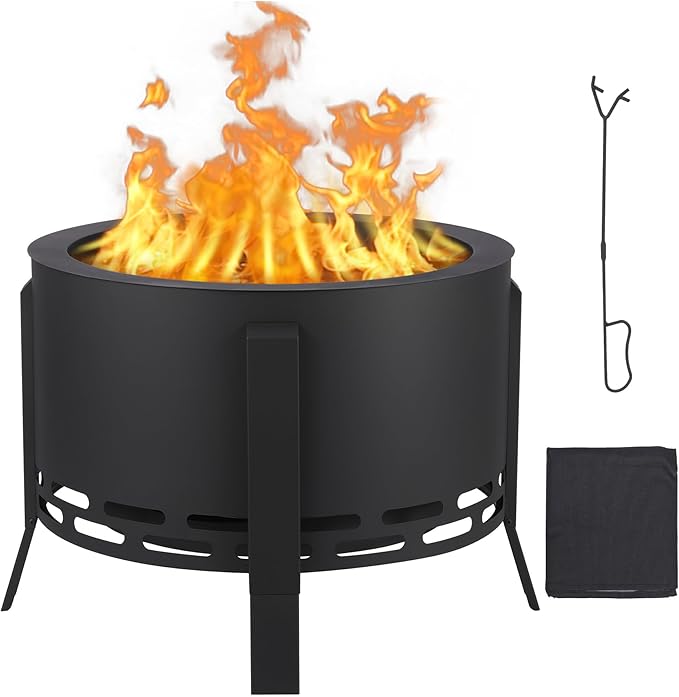 GarveeLife 26 in Smokeless Fire Pit with Ash Tray Base,Smokeless Outdoor Firepits with Adjustable Foot&Fire Poker,Firepit with Dust Bag,Outdoor Fire Pits for BBQ,Bonfire,Camping