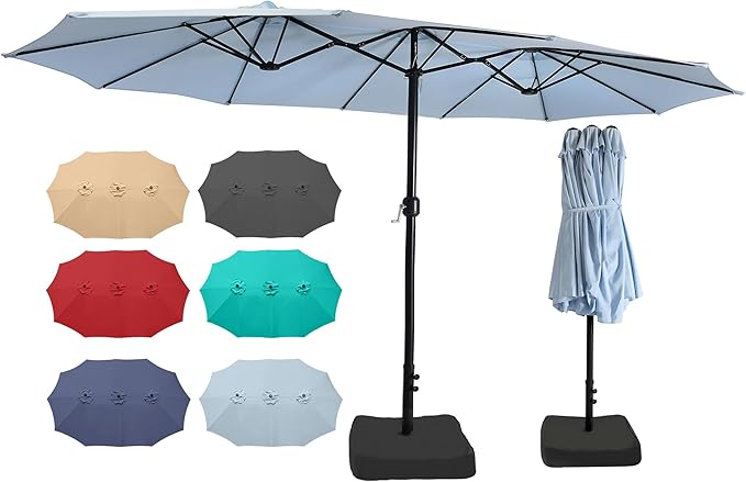 Bigroof 15ft x 9ft Patio Double-Sided Umbrella with Base & Crank, Extra Large Rectangular Outdoor Umbrella for Patio, Lawn & Garden, Beige