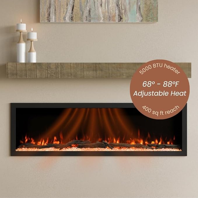Modern Ember Highmark 60 Inch Smart Linear Electric Fireplace - Premium Flame with 10 Colors, Sleek Hidden Vent Design, Install Recessed in-Wall or Wall-Mount, WiFi Enabled.