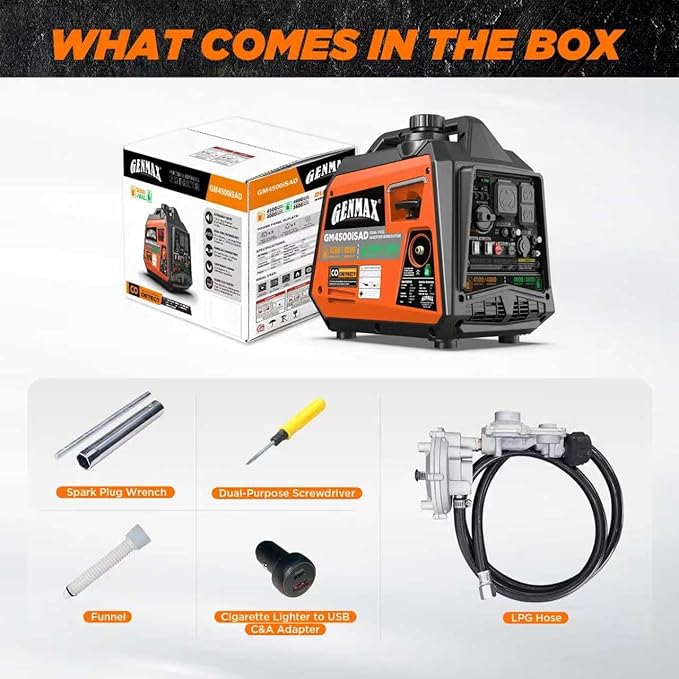 GENMAX Portable Generator, 4500W Super Quiet Gas or Propane Powered Engine with Parallel Capability, Manual start, Ideal for Camping Travel Outdoor.EPA Compliant (GM4500iSAD)