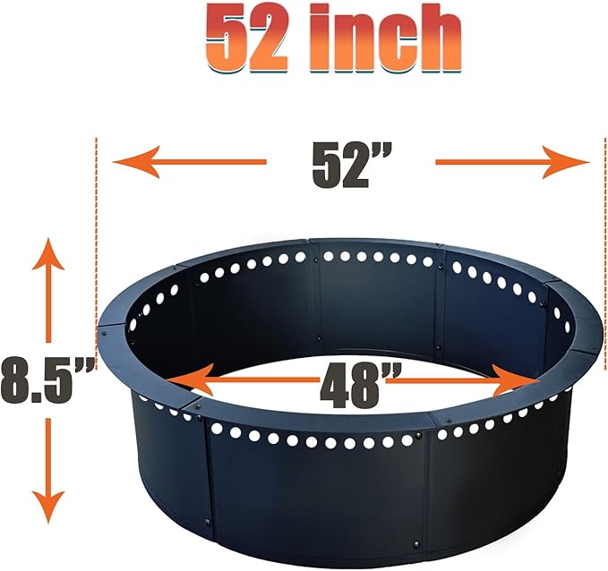 SoulMate Outdoor 52-Inch Outer/48-Inch Inner Fire Pit Ring Smokeless,Duty Solid Metal Steel Round Firepit Rim Insert for DIY Fire Pits, Outdoor Above or In-Ground, Camping Garden Patio Backyard.