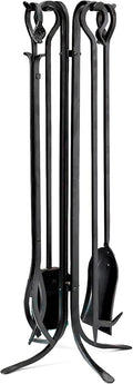 Plow & Hearth 5 Piece Hand Forged Iron Compact Fireplace Tool Set 32.5" | Black Wrought Iron Handle for Outdoor Indoor | Stand Poker Shovel Brush Log Tongs Wood Stove Accessory